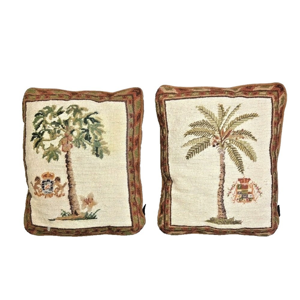 Two's Company Palm Tree Pillows 100% Wool‎ Needlepoint Velvet Back 9x11 set of 2